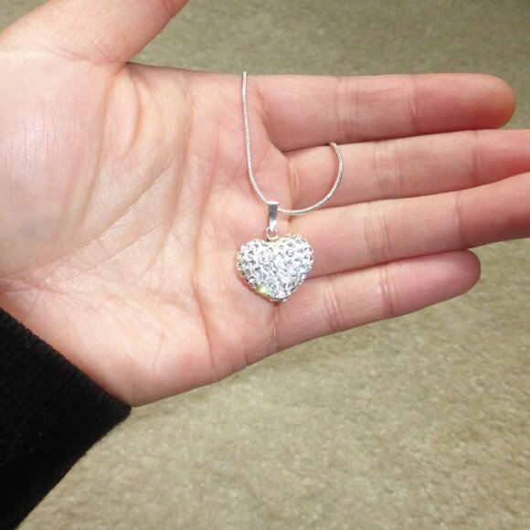 Sterling silver snake chain necklace w/ cubic zirconia rhinestones puffed heart - Picture 9 of 14